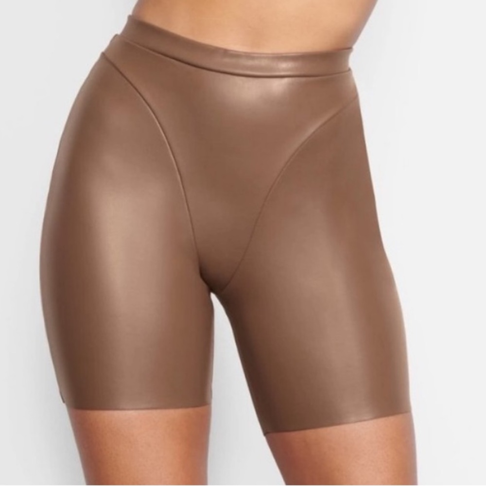 SKIMS Sculpting Faux-Leather Bike Shorts in Brown
